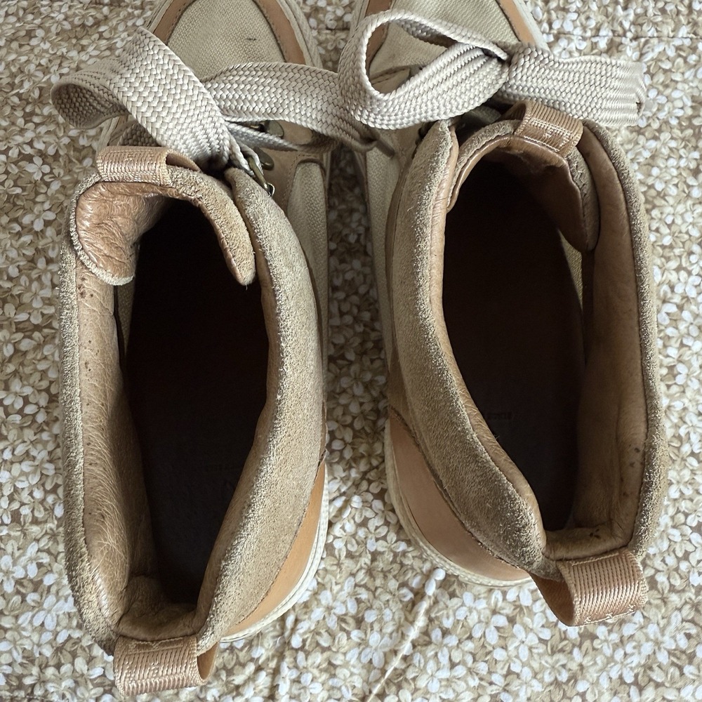 Frye Gia Lug Trail Sneaker Tan Leather Canvas High Top Shoes 6.5 Minimalist Chic - Picture 7 of 9